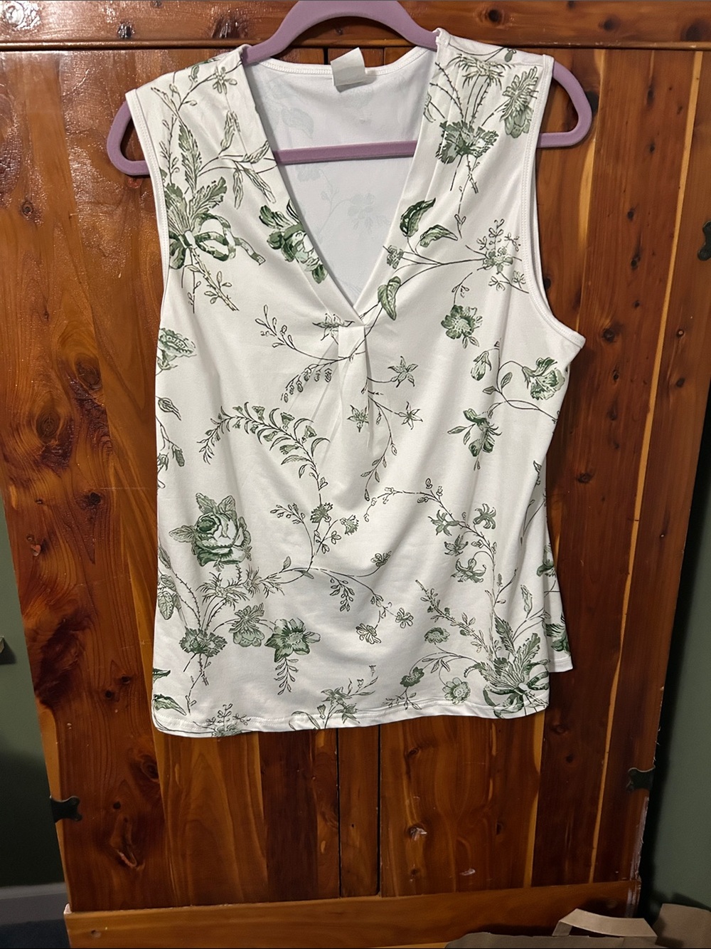 Sleeveless V-Neck Floral Print Top - White with Green Floral